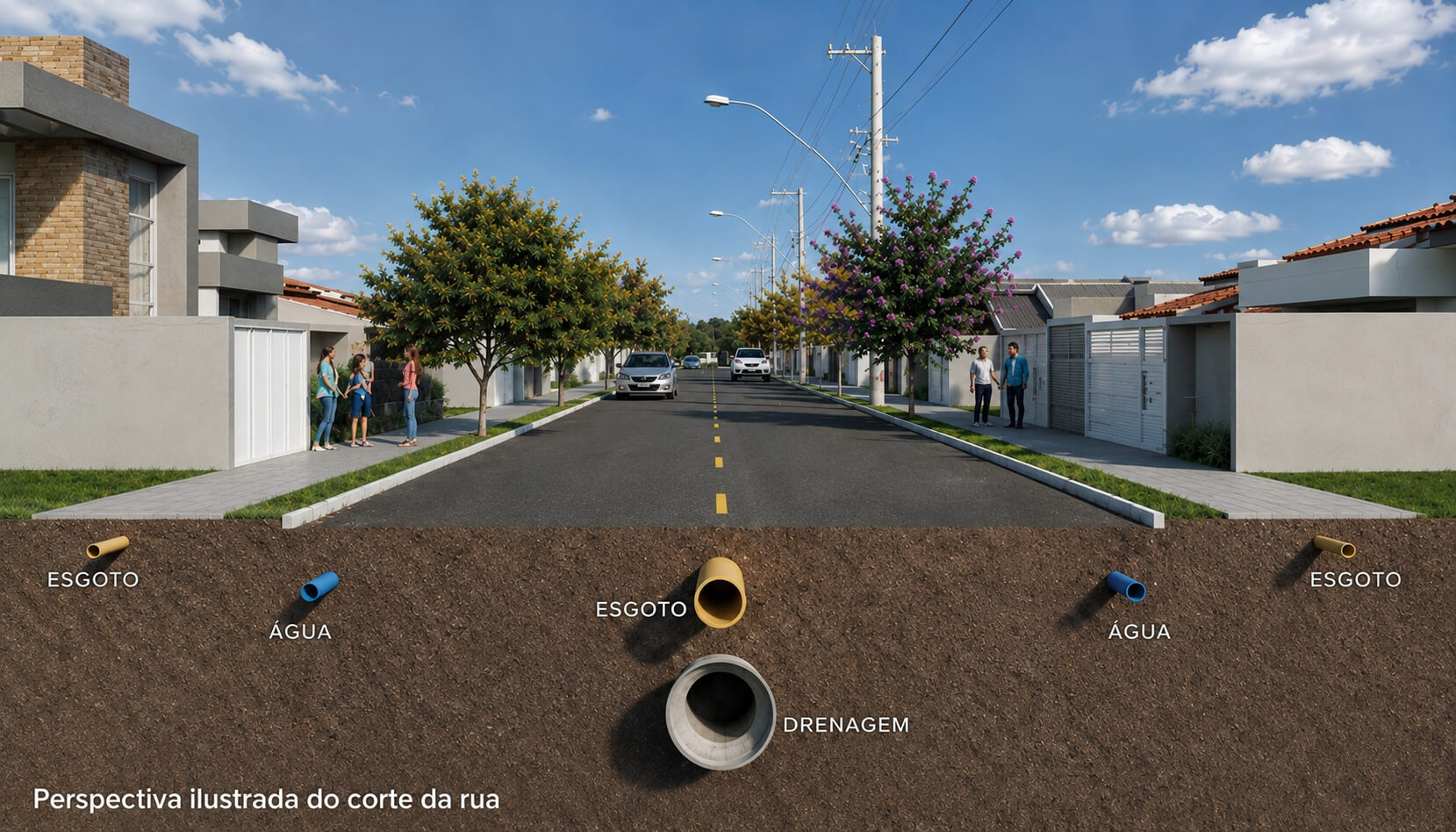 Perspectiva ilustrada do corte da rua com rede de água, esgoto e drenagem