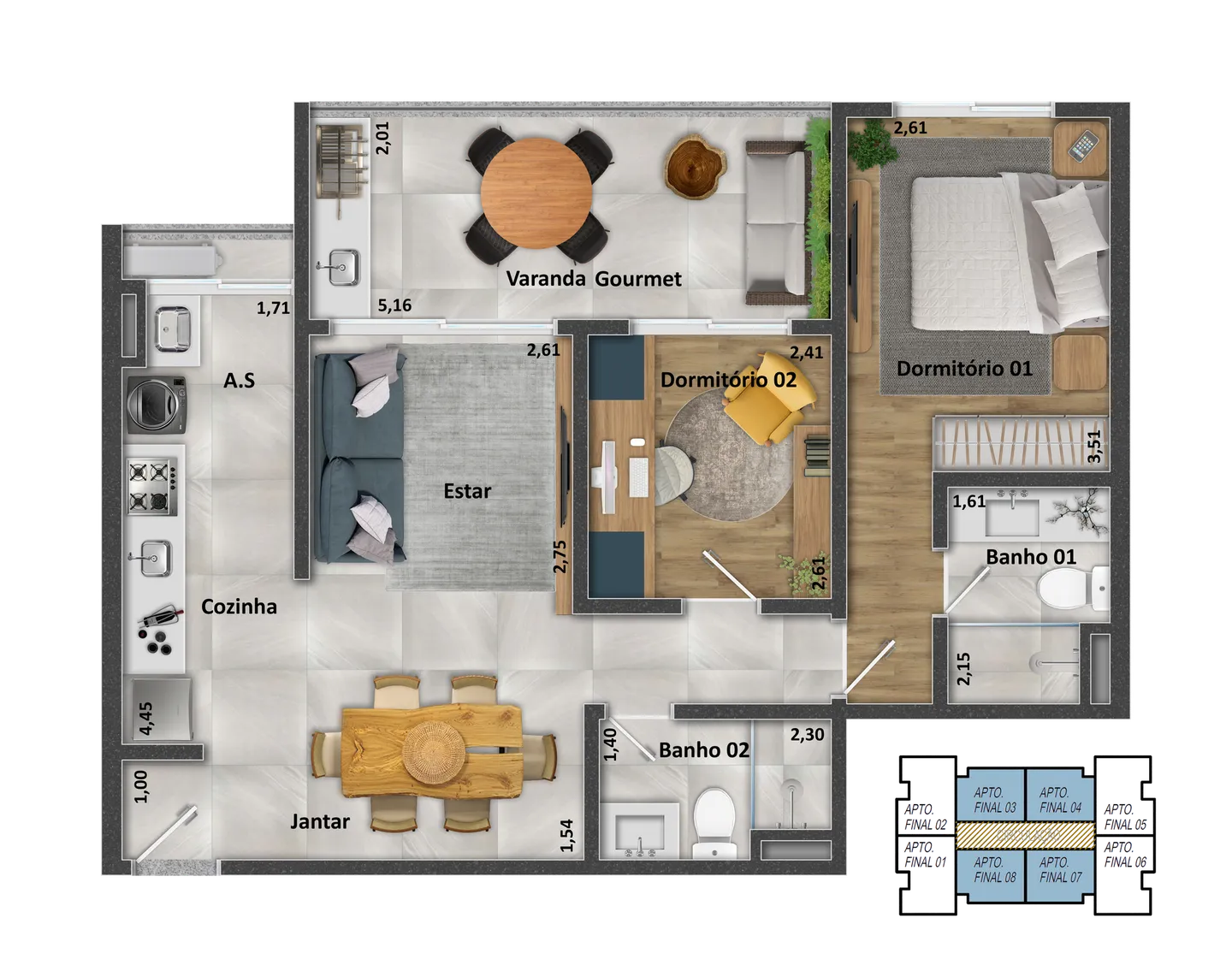 Planta de 71,65m² do Splendido Quartieri